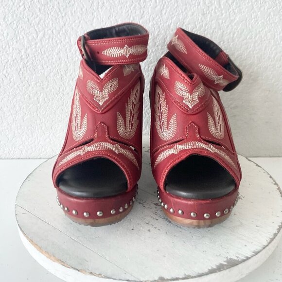 Lane Boots LEXINGTON Womens Red Wedges 8 Western Sandals Cowgirl Wooden Heels - Picture 5 of 10